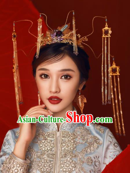 Chinese Ancient Bride Hairpins Golden Tassel Phoenix Coronet Traditional Hair Accessories Headdress for Women