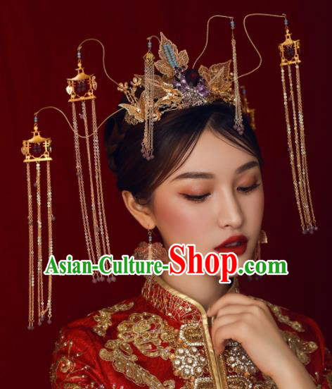 Chinese Ancient Bride Hairpins Golden Tassel Phoenix Coronet Traditional Hair Accessories Headdress for Women