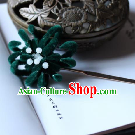 Top Grade Chinese Ancient Palace Deep Green Velvet Chrysanthemum Hairpins Traditional Hair Accessories Headdress for Women