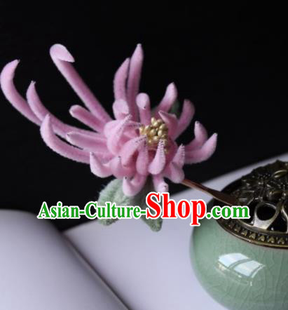 Top Grade Chinese Ancient Palace Pink Velvet Chrysanthemum Hairpins Traditional Hair Accessories Headdress for Women