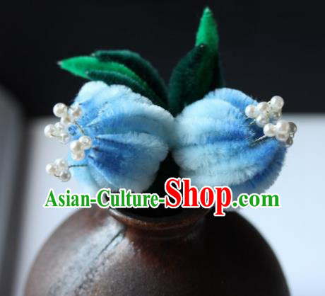 Top Grade Chinese Ancient Palace Light Blue Velvet Flowers Hairpins Traditional Hair Accessories Headdress for Women