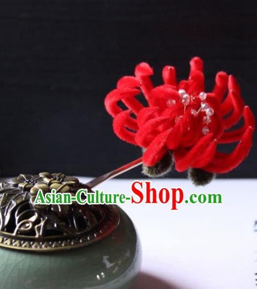 Top Grade Chinese Ancient Palace Red Velvet Chrysanthemum Hairpins Traditional Hair Accessories Headdress for Women