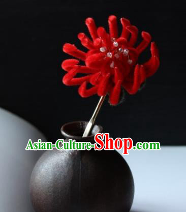 Top Grade Chinese Ancient Palace Red Velvet Chrysanthemum Hairpins Traditional Hair Accessories Headdress for Women