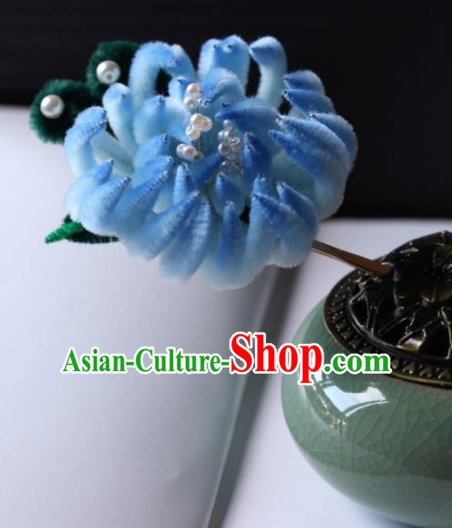 Top Grade Chinese Ancient Palace Blue Velvet Chrysanthemum Hairpins Traditional Hair Accessories Headdress for Women