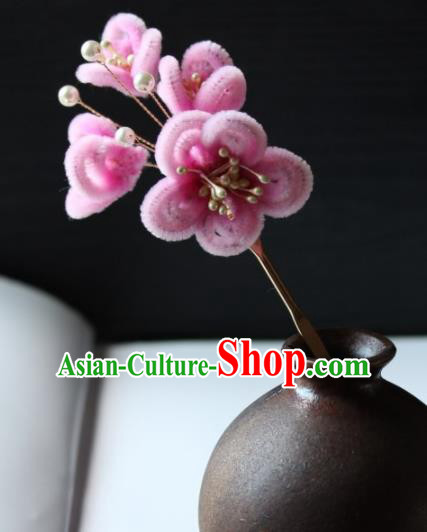 Top Grade Chinese Ancient Palace Pink Velvet Plum Blossom Hairpins Traditional Hair Accessories Headdress for Women