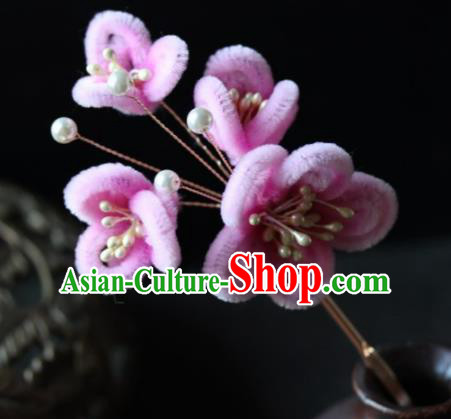 Top Grade Chinese Ancient Palace Pink Velvet Plum Blossom Hairpins Traditional Hair Accessories Headdress for Women