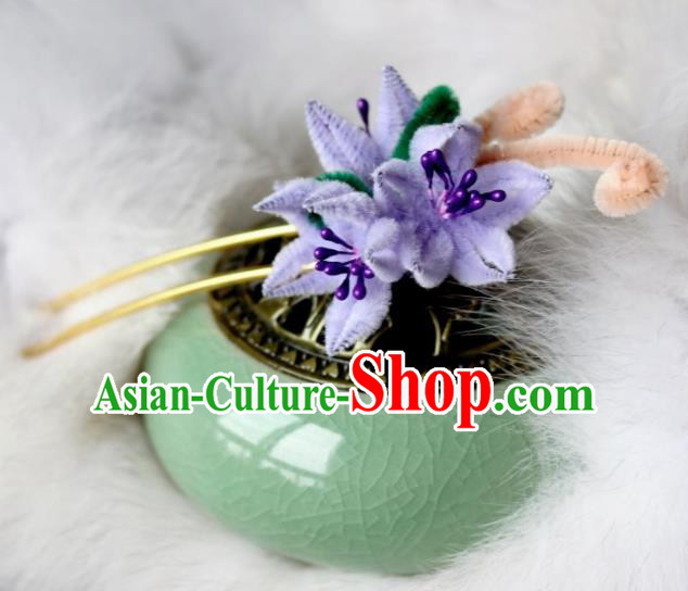 Top Grade Chinese Ancient Palace Queen Purple Velvet Flowers Hairpins Traditional Hair Accessories Headdress for Women