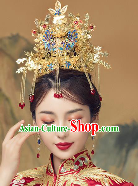 Chinese Ancient Bride Golden Phoenix Coronet Hairpins Traditional Wedding Hair Accessories for Women