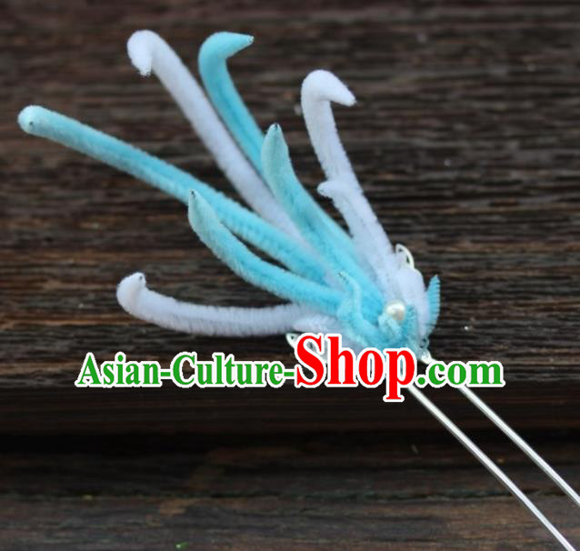Top Grade Chinese Ancient Palace Queen Blue Velvet Hairpins Traditional Hair Accessories Headdress for Women
