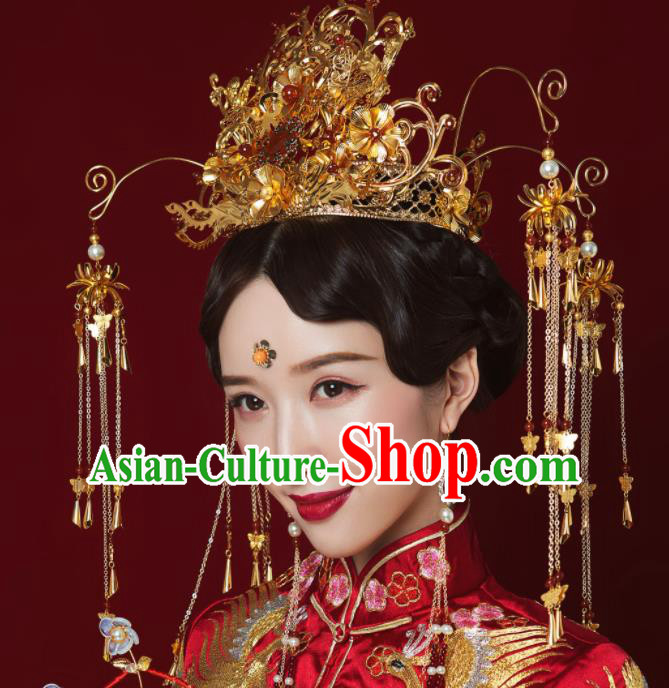 Top Grade Chinese Ancient Queen Golden Phoenix Coronet Hairpins Traditional Hair Accessories Headdress for Women