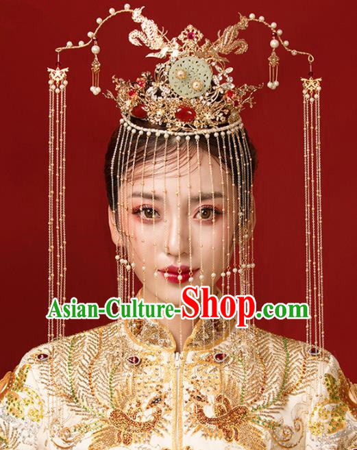 Chinese Ancient Bride Jade Phoenix Coronet Hairpins Traditional Wedding Hair Accessories for Women