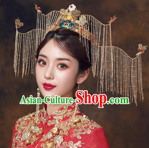 Chinese Ancient Bride Blueing Peony Phoenix Coronet Hairpins Traditional Wedding Hair Accessories for Women