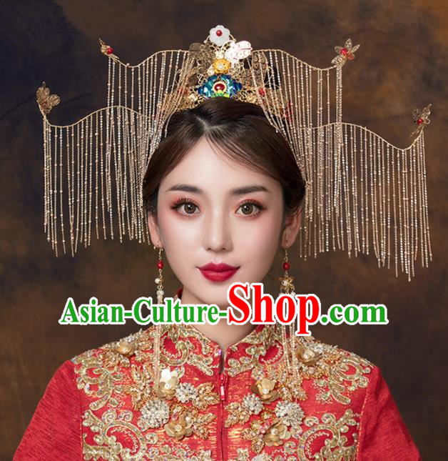Chinese Ancient Bride Blueing Peony Phoenix Coronet Hairpins Traditional Wedding Hair Accessories for Women