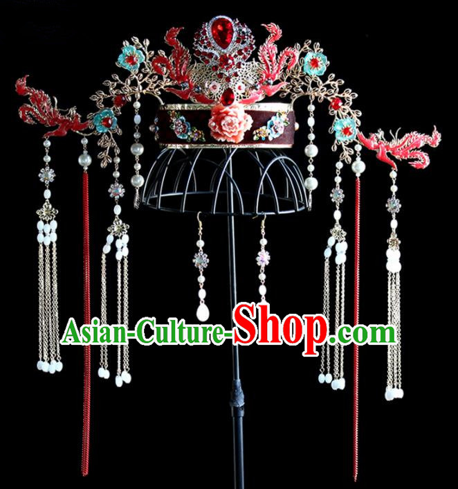 Chinese Ancient Palace Red Phoenix Coronet Hairpins Traditional Wedding Hair Accessories for Women