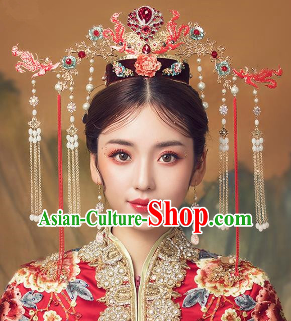 Chinese Ancient Palace Red Phoenix Coronet Hairpins Traditional Wedding Hair Accessories for Women