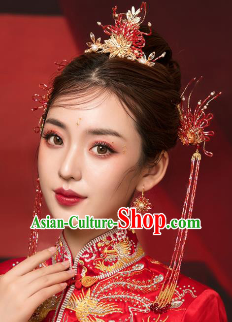 Chinese Ancient Palace Red Beads Phoenix Coronet Hairpins Traditional Wedding Hair Accessories for Women