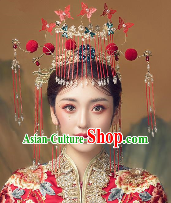 Chinese Ancient Palace Red Butterfly Tassel Phoenix Coronet Hairpins Traditional Wedding Hair Accessories for Women