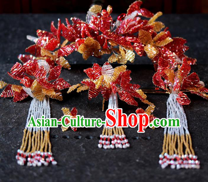 Chinese Ancient Palace Red Beads Leaf Phoenix Coronet Hairpins Traditional Wedding Hair Accessories for Women