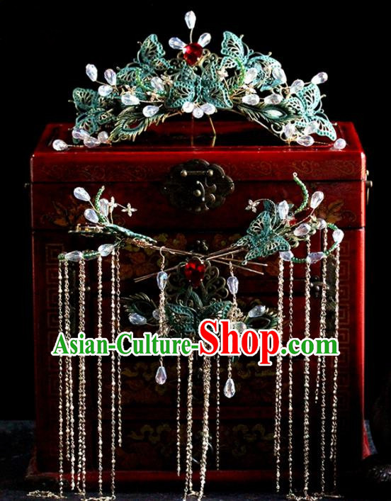 Chinese Ancient Palace Enamel Phoenix Coronet Tassel Hairpins Traditional Wedding Hair Accessories for Women