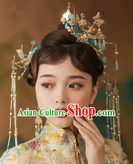 Chinese Ancient Palace Blue Flowers Phoenix Coronet Tassel Hairpins Traditional Wedding Hair Accessories for Women