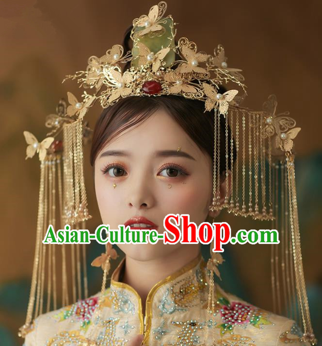 Chinese Ancient Palace Bride Jade Butterfly Phoenix Coronet Tassel Hairpins Traditional Wedding Hair Accessories for Women