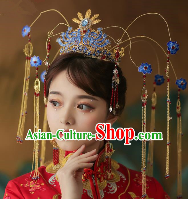 Chinese Ancient Palace Blueing Peony Phoenix Coronet Tassel Hairpins Traditional Wedding Hair Accessories for Women