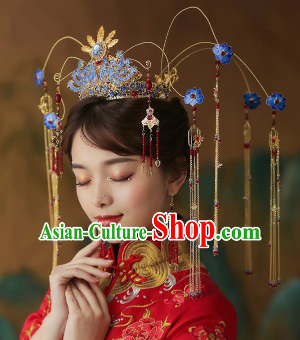 Chinese Ancient Palace Blueing Peony Phoenix Coronet Tassel Hairpins Traditional Wedding Hair Accessories for Women