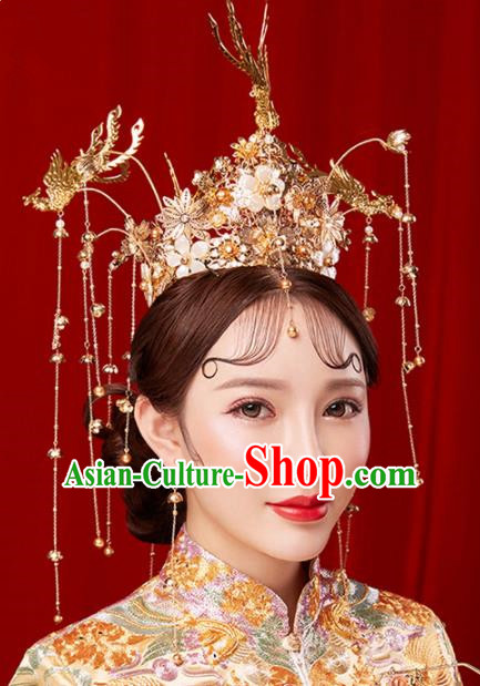 Chinese Traditional Palace Golden Tassel Phoenix Coronet Hairpins Ancient Wedding Hair Accessories for Women