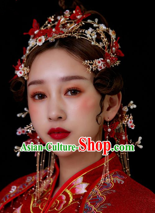 Chinese Traditional Palace Red Butterfly Tassel Phoenix Coronet Hairpins Ancient Wedding Hair Accessories for Women