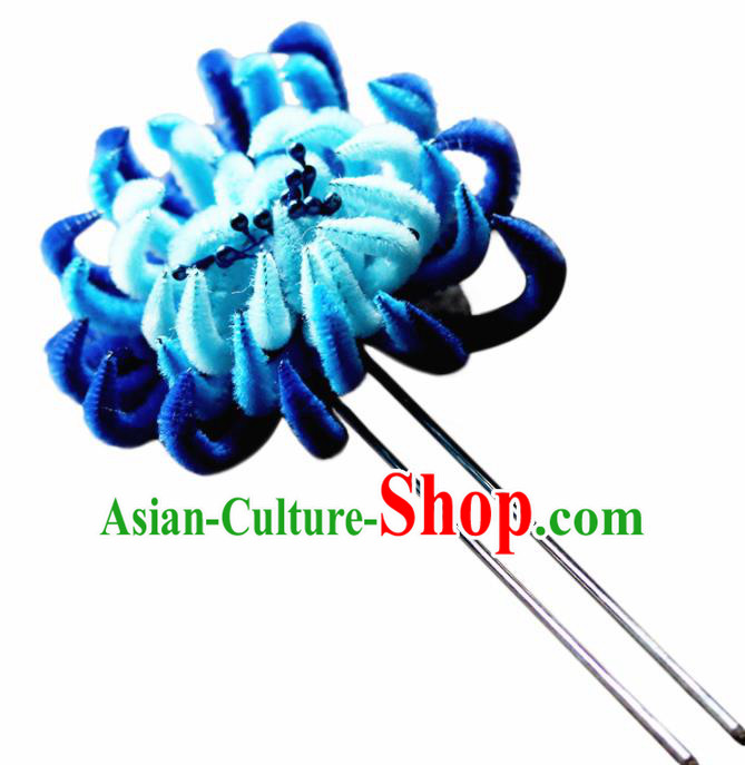 Chinese Traditional Palace Blue Velvet Flower Hairpins Ancient Wedding Hair Accessories for Women