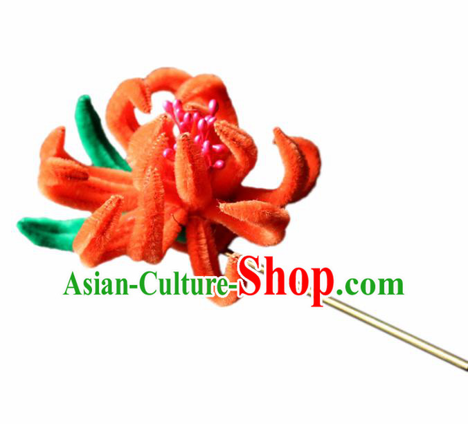 Chinese Traditional Palace Orange Velvet Flower Hairpins Ancient Wedding Hair Accessories for Women