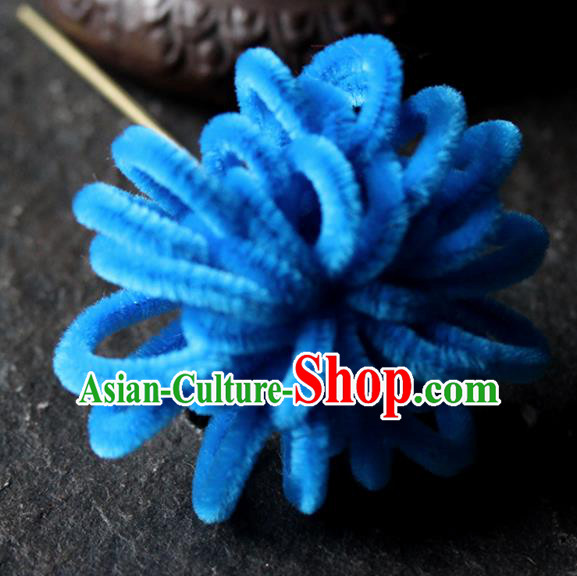 Chinese Traditional Palace Royalblue Velvet Flower Hairpins Ancient Wedding Hair Accessories for Women