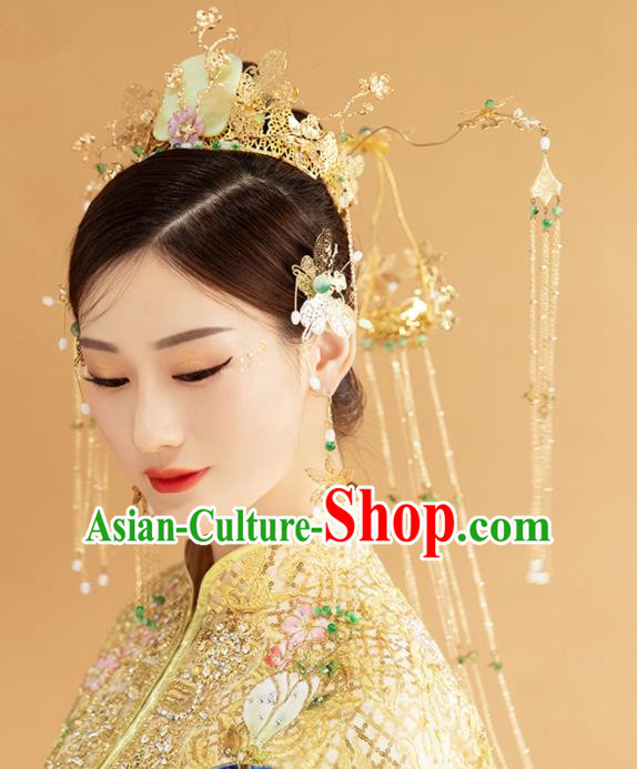 Chinese Ancient Palace Queen Jade Phoenix Coronet Hairpins Traditional Hair Accessories Headdress for Women