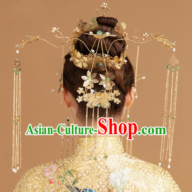 Chinese Ancient Palace Queen Jade Phoenix Coronet Hairpins Traditional Hair Accessories Headdress for Women