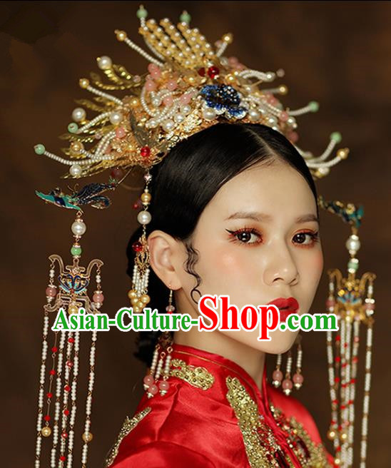 Chinese Ancient Palace Queen Blueing Phoenix Coronet Hairpins Traditional Hair Accessories Headdress for Women