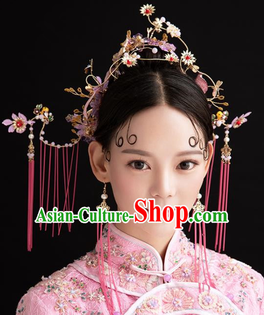 Chinese Ancient Palace Queen Purple Flowers Phoenix Coronet Hairpins Traditional Hair Accessories Headdress for Women