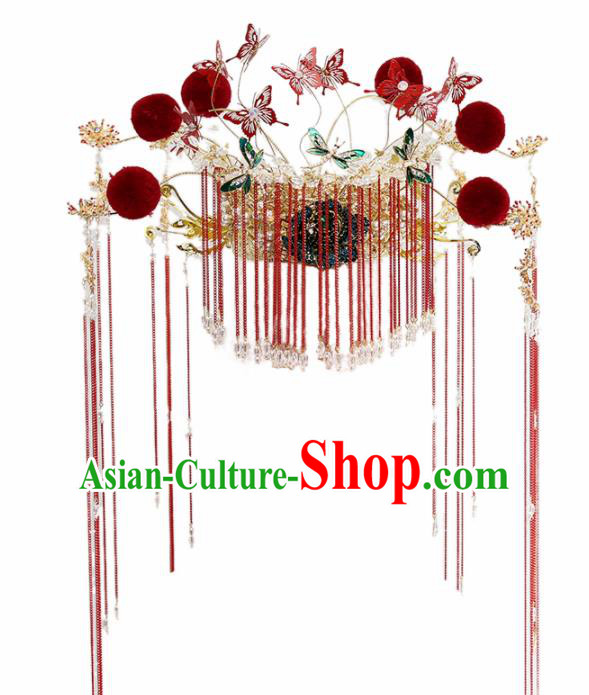 Chinese Ancient Palace Queen Red Tassel Phoenix Coronet Hairpins Traditional Hair Accessories Headdress for Women