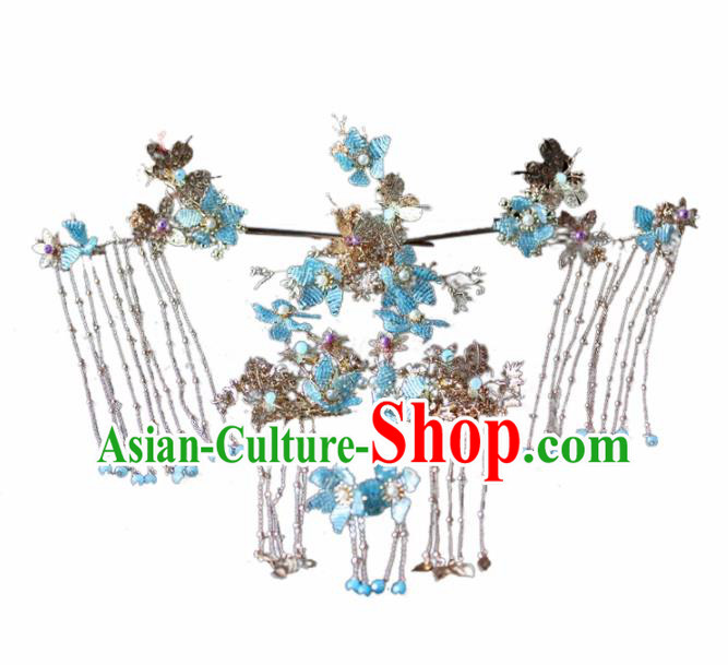 Chinese Ancient Palace Queen Blue Beads Phoenix Coronet Hairpins Traditional Hair Accessories Headdress for Women