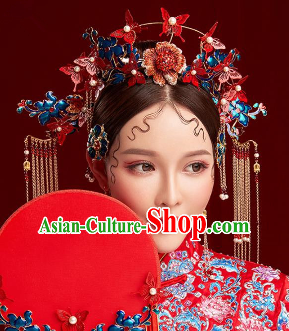 Chinese Traditional Palace Phoenix Coronet Hairpins Ancient Wedding Red Butterfly Hair Accessories for Women