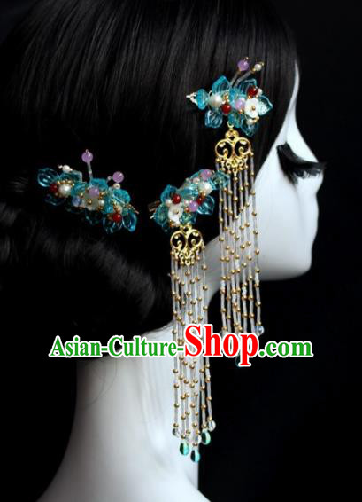 Chinese Ancient Palace Blue Flowers Hair Sticks Hairpins Traditional Hair Accessories Headdress for Women