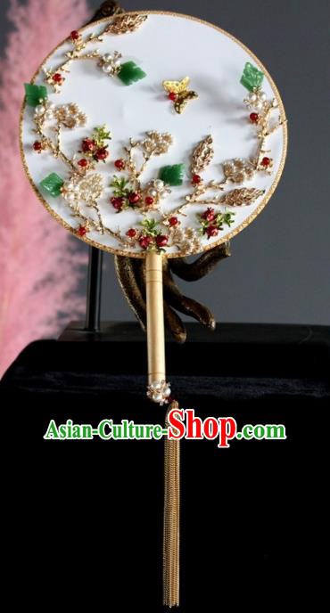 Chinese Handmade Classical Jade Leaf Palace Fans Wedding Bride Accessories Round Fan for Women