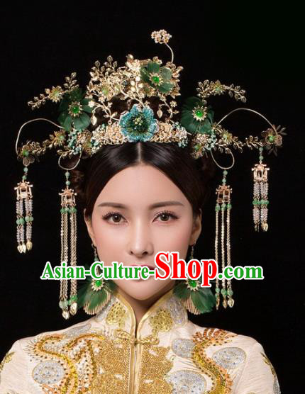 Chinese Ancient Palace Green Flowers Phoenix Coronet Hairpins Traditional Hair Accessories Headdress for Women