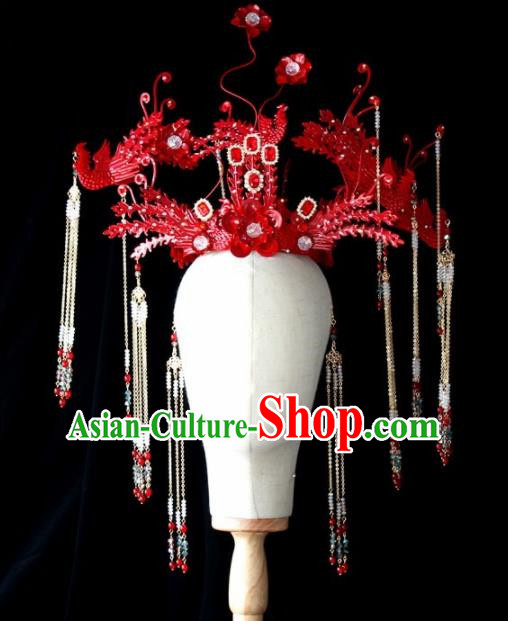 Chinese Ancient Palace Red Phoenix Coronet Hairpins Traditional Hair Accessories Headdress for Women