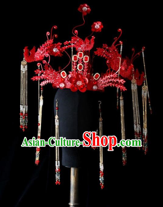 Chinese Ancient Palace Red Phoenix Coronet Hairpins Traditional Hair Accessories Headdress for Women