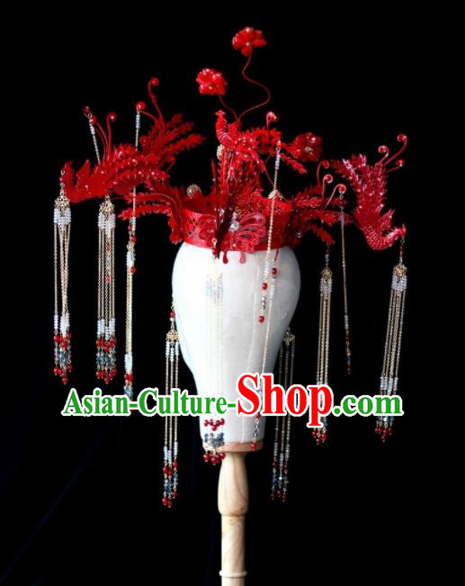 Chinese Ancient Palace Red Phoenix Coronet Hairpins Traditional Hair Accessories Headdress for Women