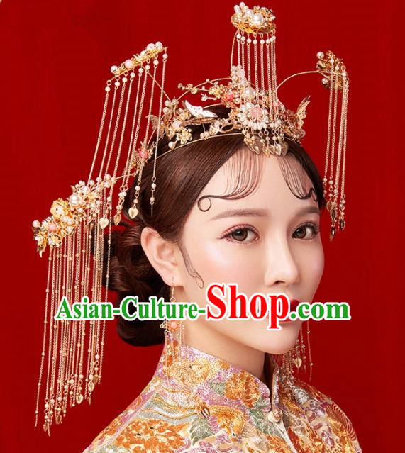 Chinese Traditional Palace Bride Hairpins Ancient Wedding Tassel Phoenix Coronet Hair Accessories for Women