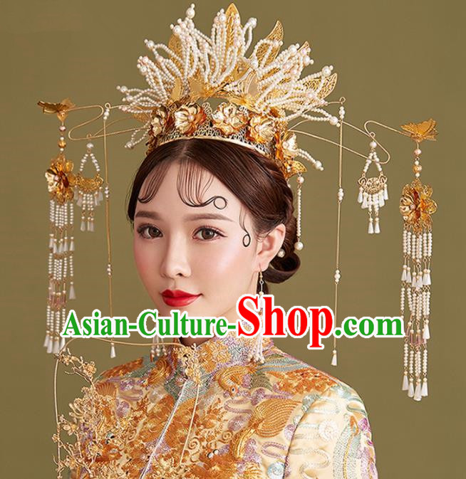 Chinese Traditional Palace Bride Hairpins Ancient Wedding Beads Phoenix Coronet Hair Accessories for Women