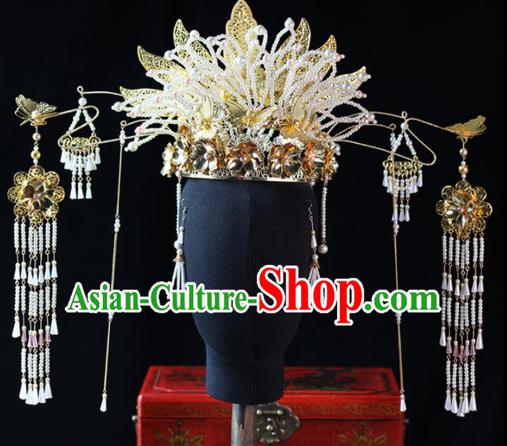 Chinese Traditional Palace Bride Hairpins Ancient Wedding Beads Phoenix Coronet Hair Accessories for Women
