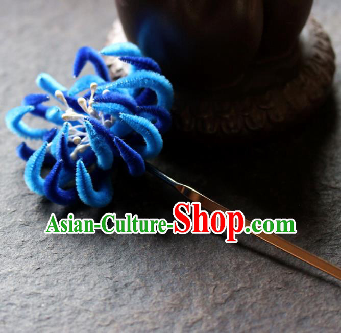 Chinese Ancient Queen Blue Velvet Chrysanthemum Hairpins Traditional Palace Hair Accessories Headdress for Women