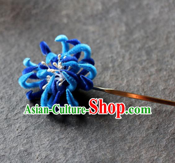 Chinese Ancient Queen Blue Velvet Chrysanthemum Hairpins Traditional Palace Hair Accessories Headdress for Women